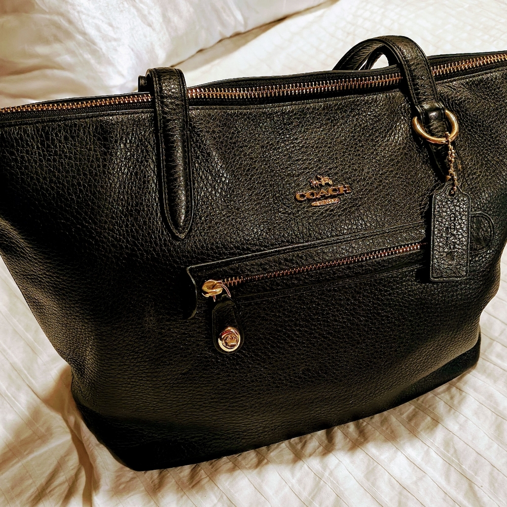 Coach Dark Leather Tote with Gold Accents